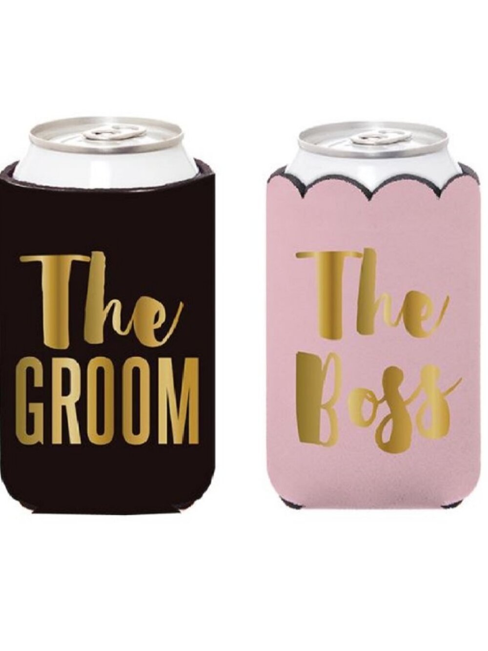 The Boss (Bride) & The Groom Set of 2 Insulated Can Koozie Cover for Weddings